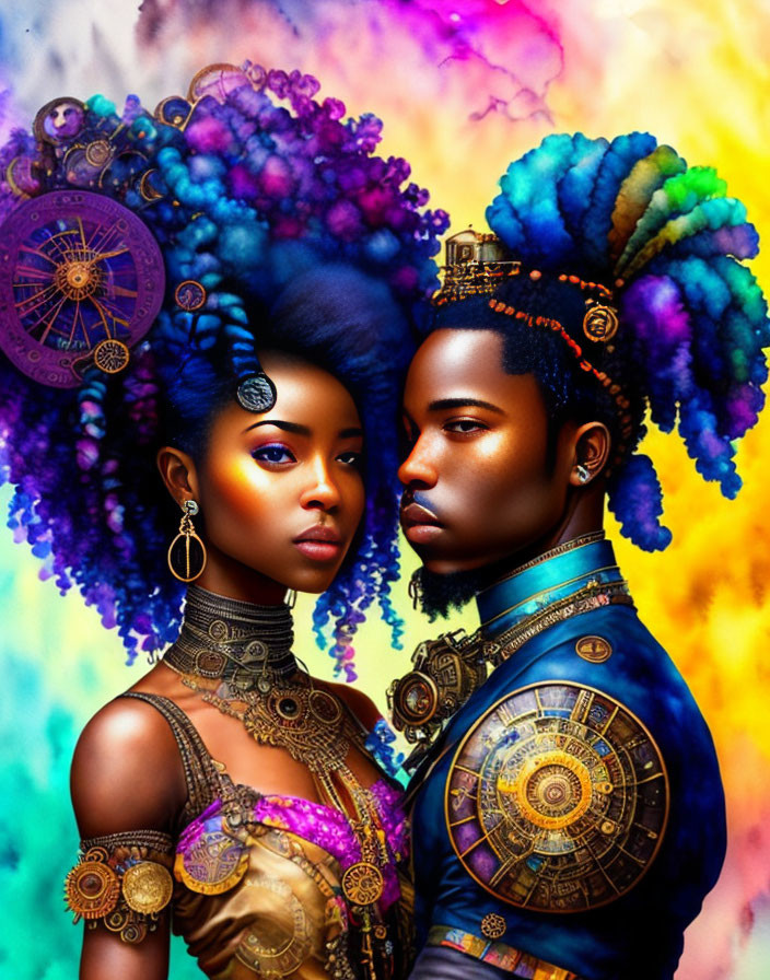 Colorful steampunk digital art with afro-textured hair and mechanical elements