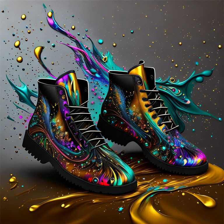 Colorful Cosmic Glitter Boots on Dark Background