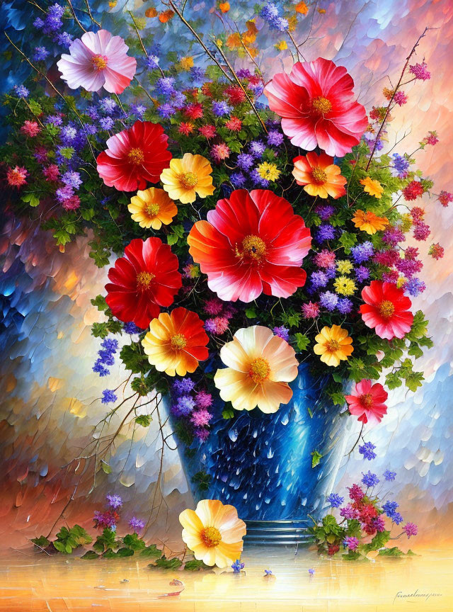 Colorful Flower Bouquet Painting with Blue Vase on Textured Rain Background