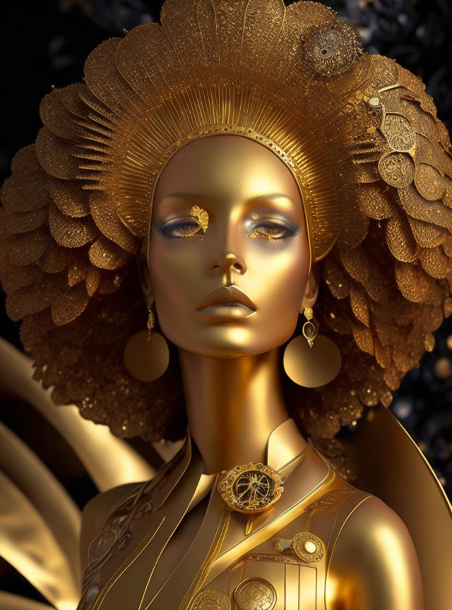 Golden 3D Rendered Female Figure with Elaborate Headdress and Regal Appearance