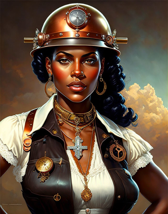 Steampunk-inspired woman with copper helmet and accessories against cloudy sky.