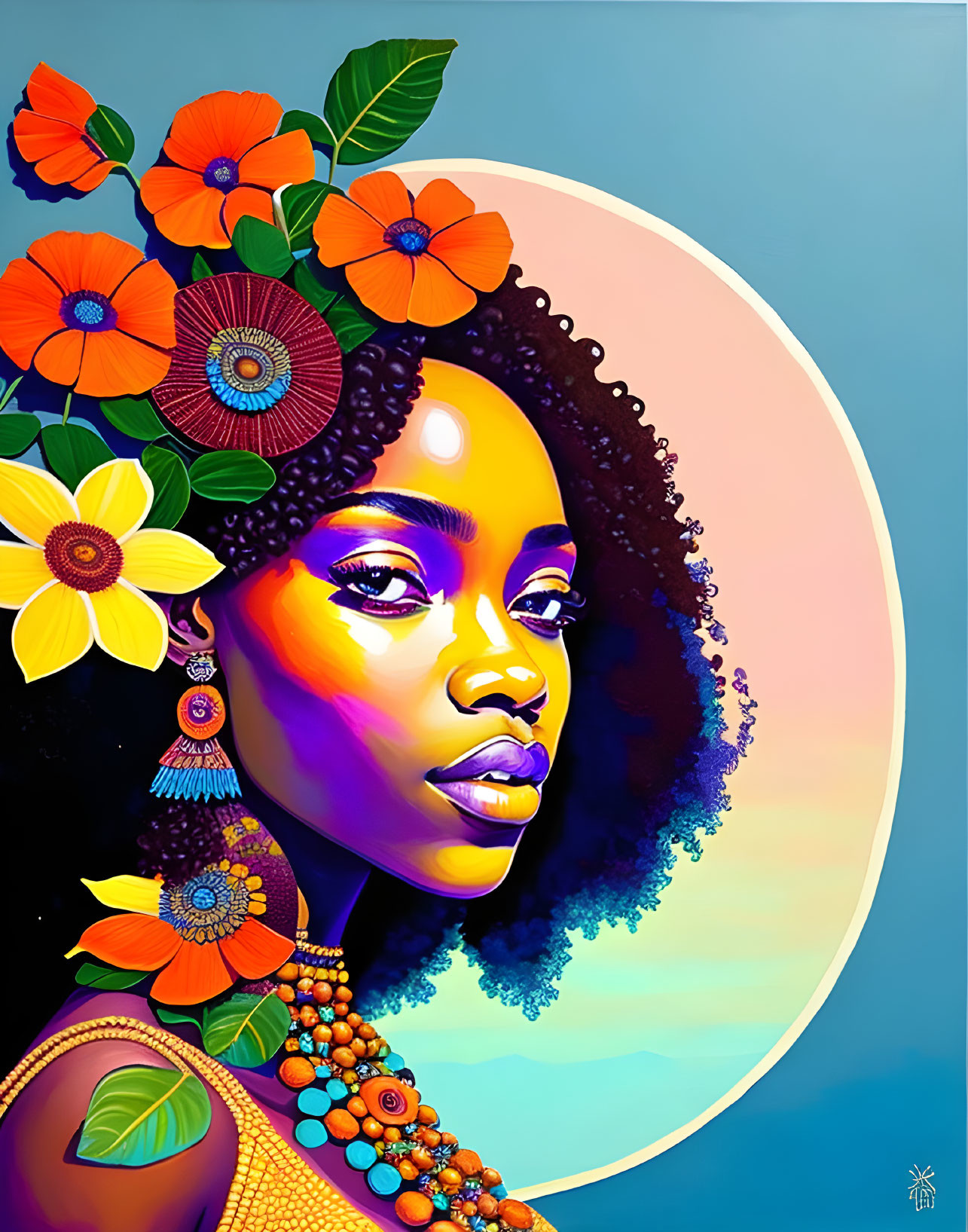 Colorful digital portrait of a woman with floral headpiece