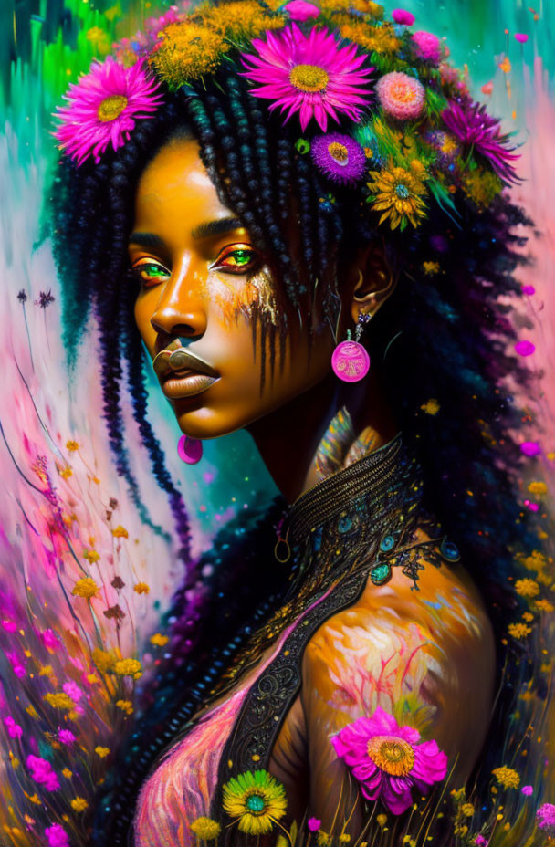 Portrait of person with dark skin adorned with floral elements and vibrant colors