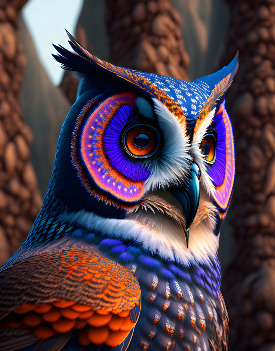 Colorful stylized digital owl art with blue and orange feathers and purple eyes