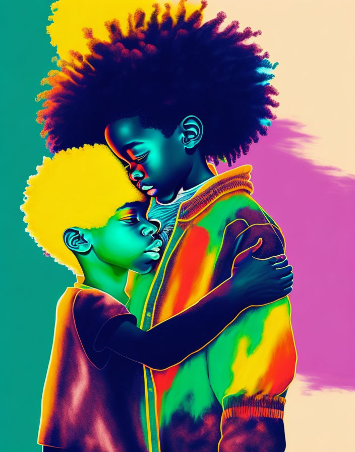 Colorful illustration of two children embracing on gradient backdrop