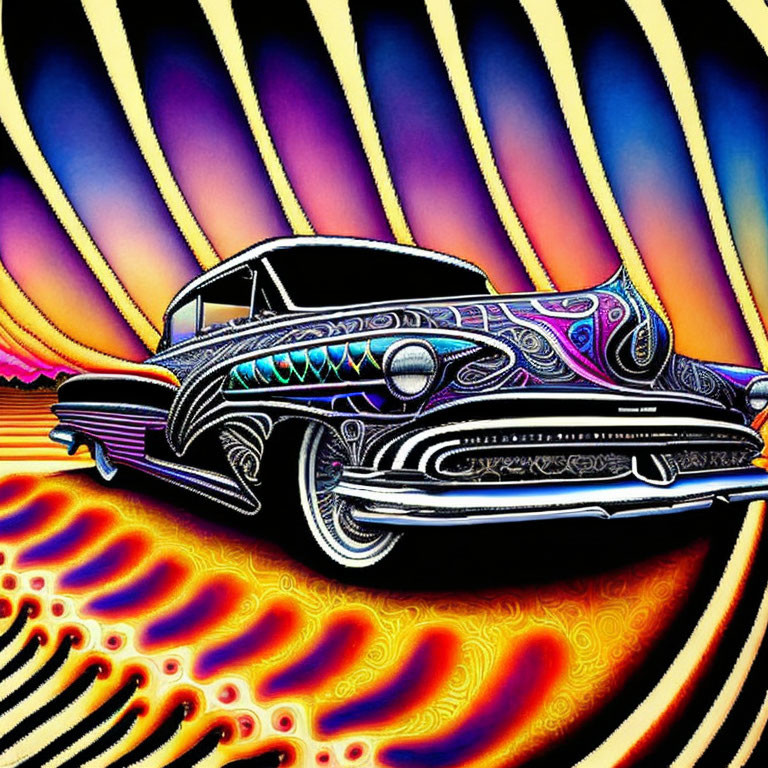 Colorful Psychedelic Classic Car Illustration on Radiant Background