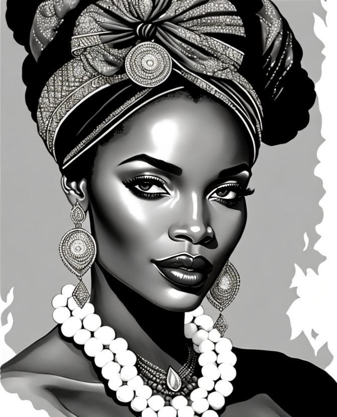 Monochromatic digital art of woman with ornate headwrap & jewelry