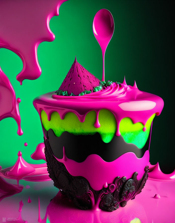 Vibrant 3D Fantasy Dessert in Neon Pink and Green with Spoon on Green Background