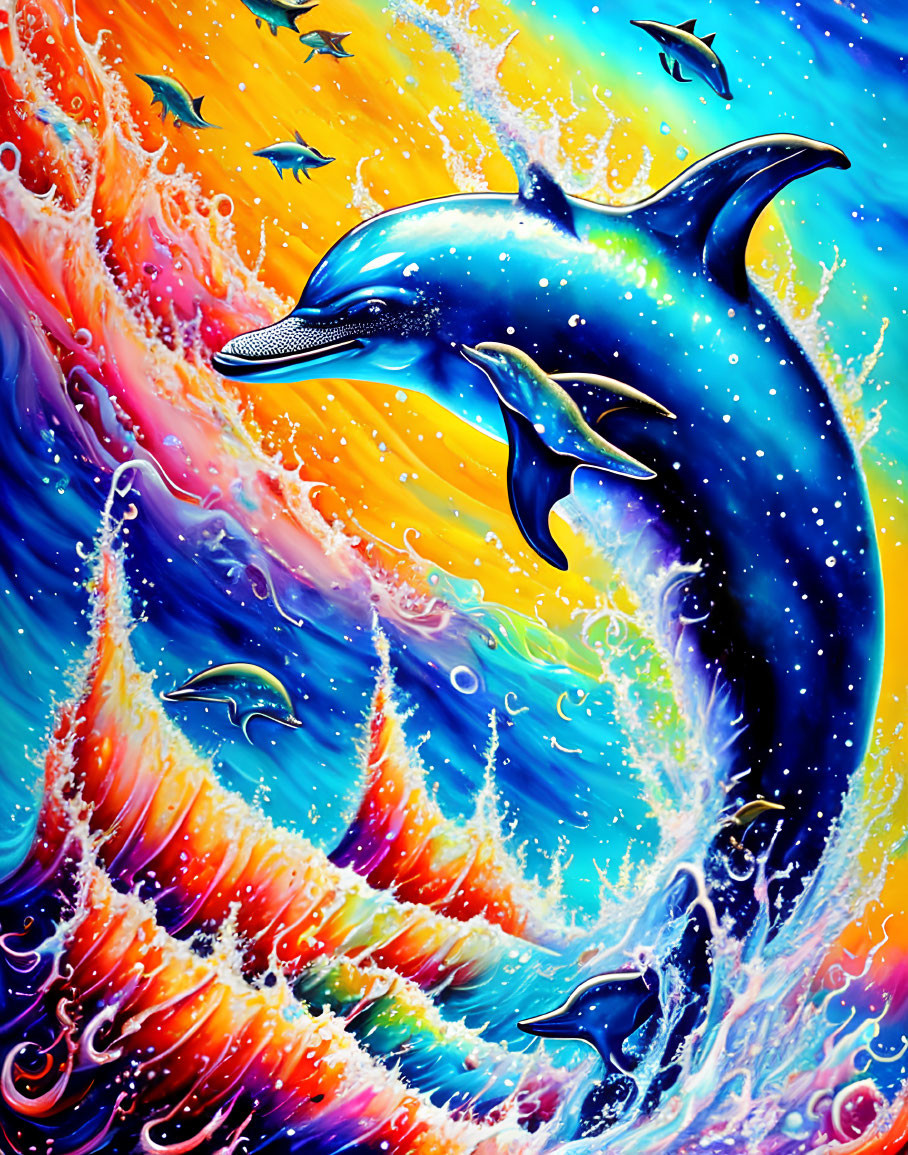 Colorful painting: Blue dolphin in swirling waves with birds in abstract sky