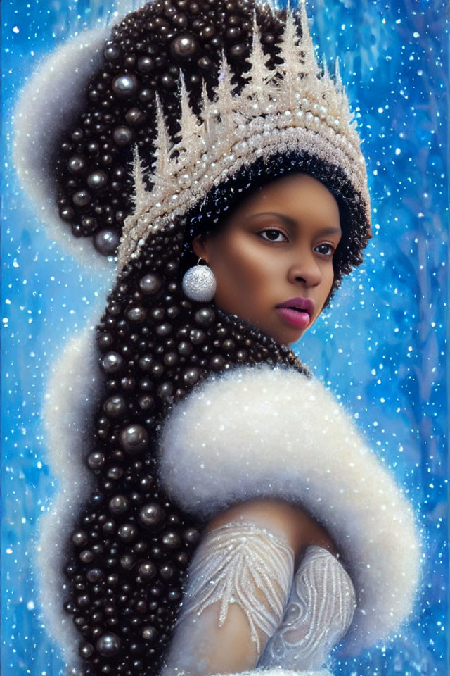 Elaborate pearl headdress on woman against snowy backdrop