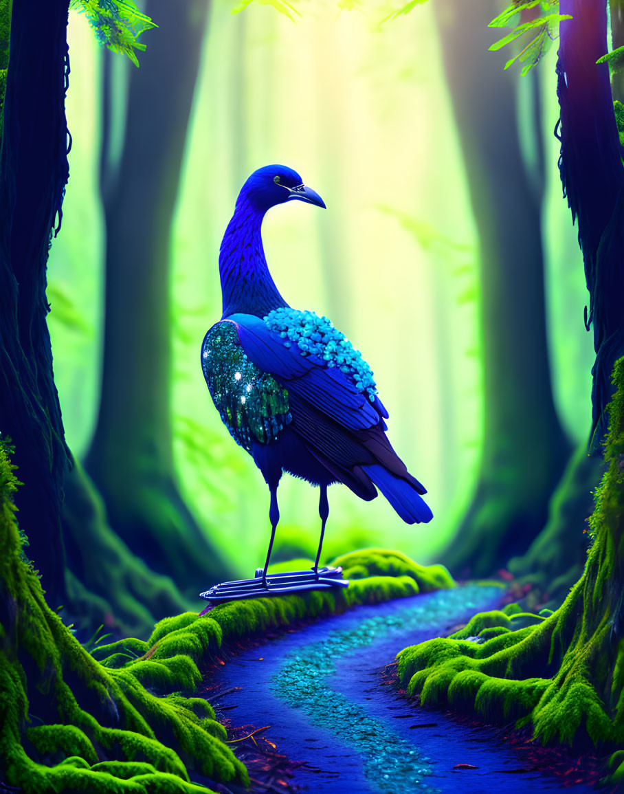 Majestic peacock in mystical forest with vibrant blue feathers