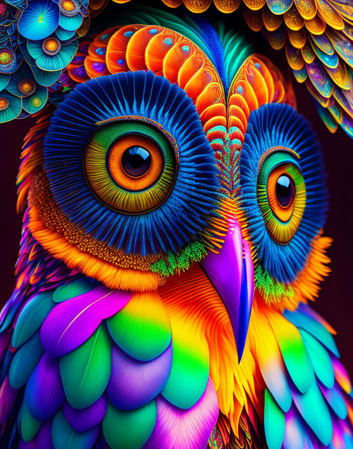 Colorful Digital Artwork: Owl with Bright Feathers and Blue Eyes