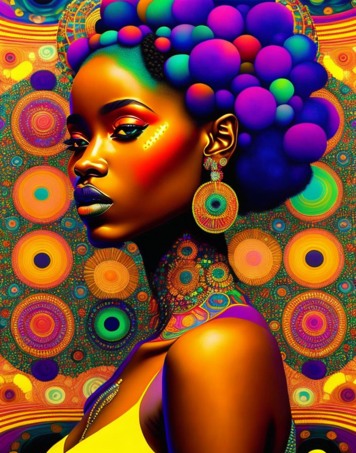 Colorful digital portrait of a woman with vibrant hair and makeup against psychedelic background.