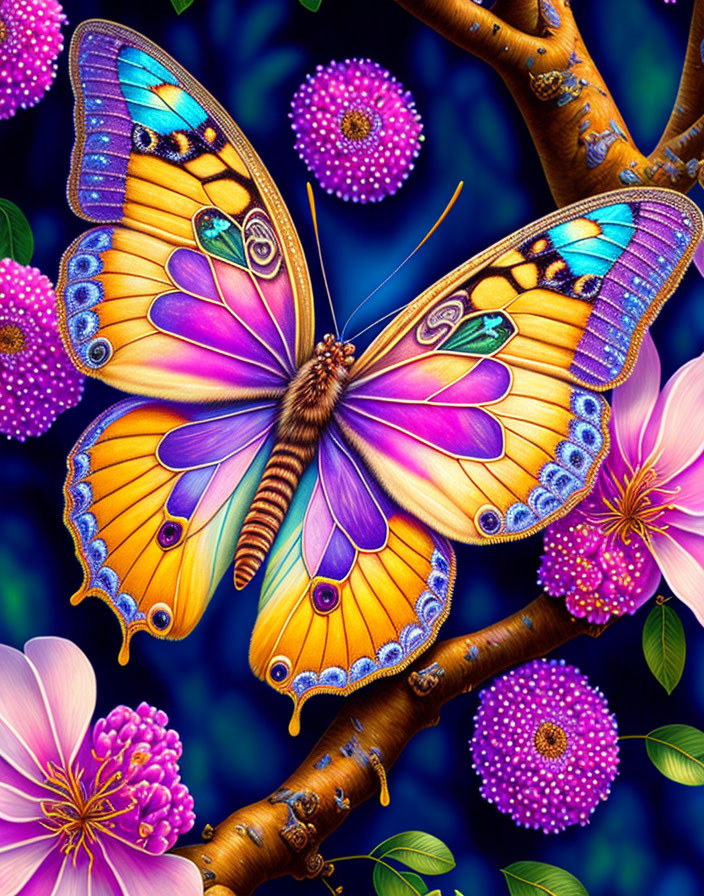 Colorful butterfly illustration on branch with flowers in digital art.