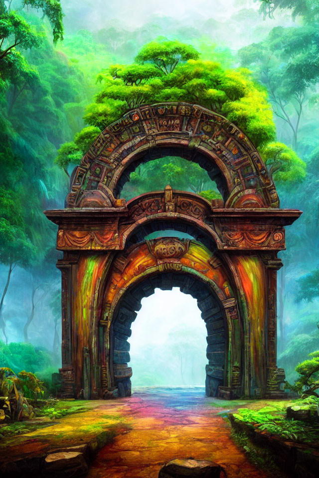 Ancient ornate stone archway in lush misty forest