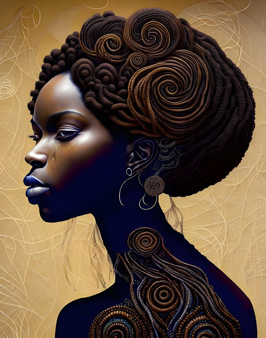 Detailed illustration of woman with stylized hair and golden adornments