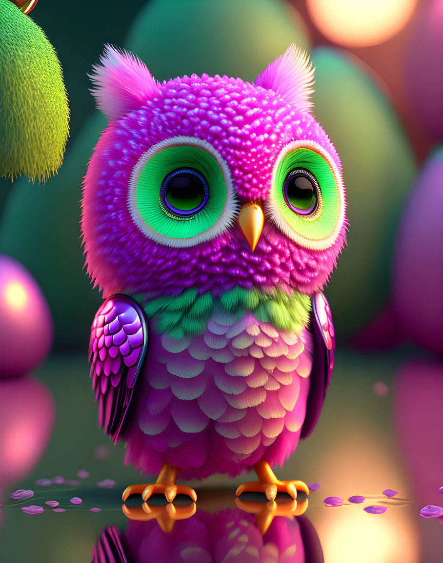 Colorful 3D illustration of a purple and pink owl with green eyes surrounded by glossy orbs