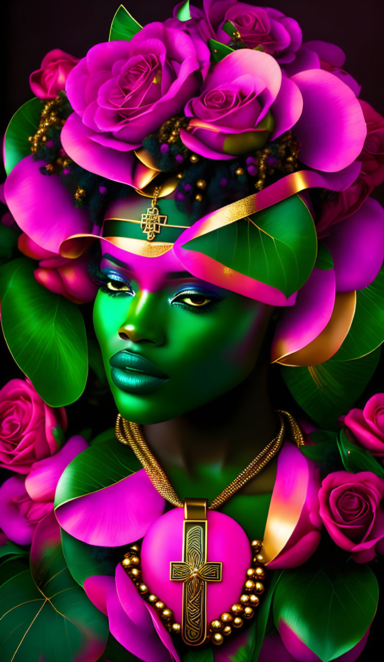 Vibrant green-skinned woman with pink roses and gold headpiece