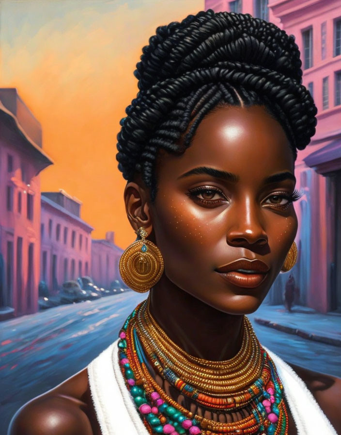 Portrait of woman with intricate braids and vibrant jewelry against warm-hued backdrop