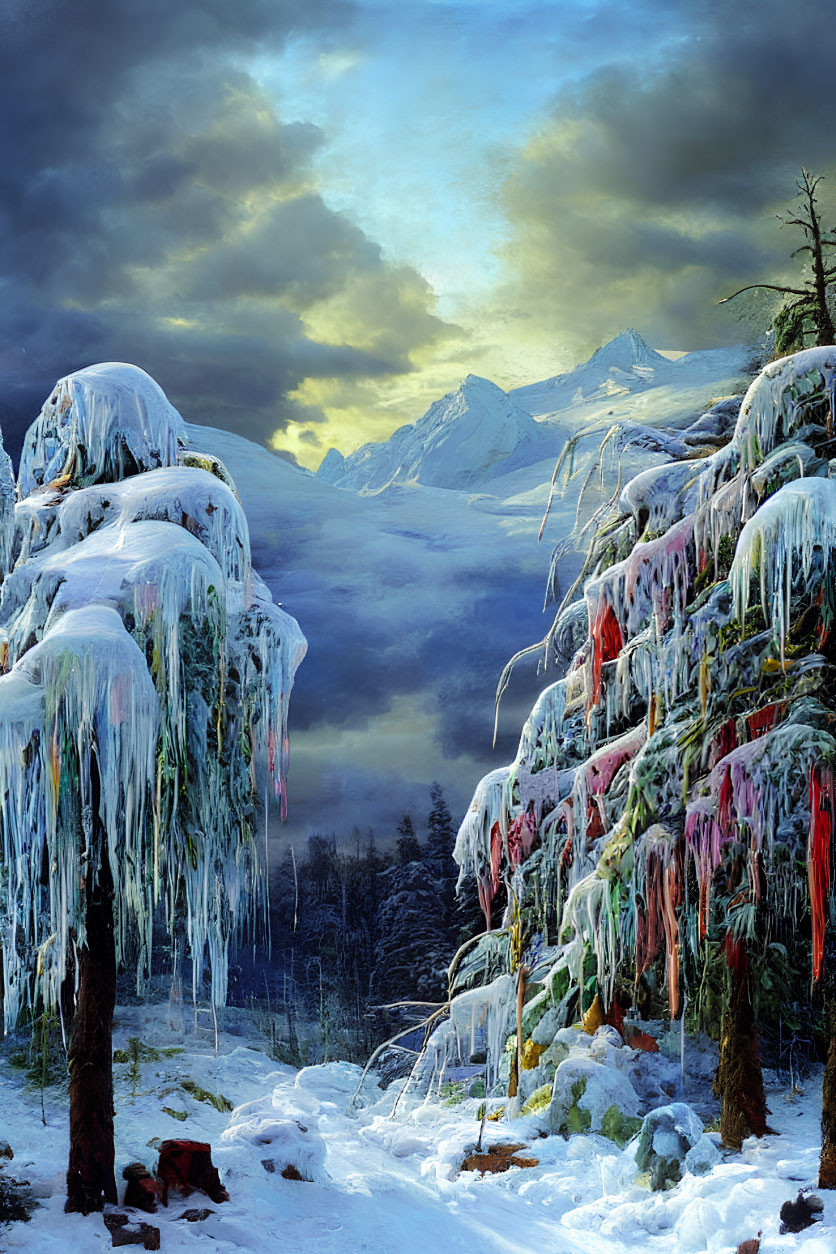 Wintry landscape with icicle-laden trees, snowy path, and snow-covered mountains