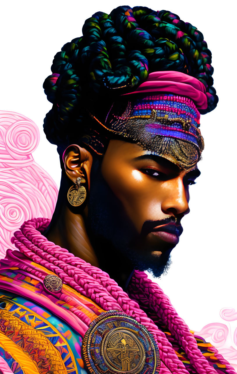 Vibrant digital illustration of man with elaborate hairstyle and colorful attire