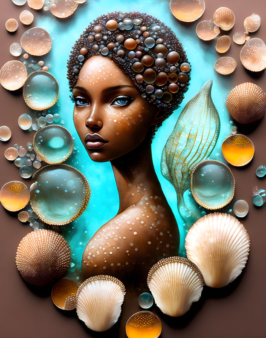 Woman with Sea-Themed Elements: Bubbles, Shells, Fish Tail on Brown Background