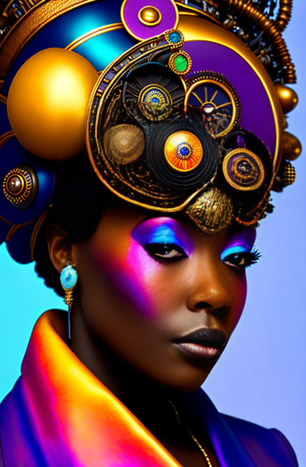 Woman with Striking Makeup and Futuristic Golden Headpiece