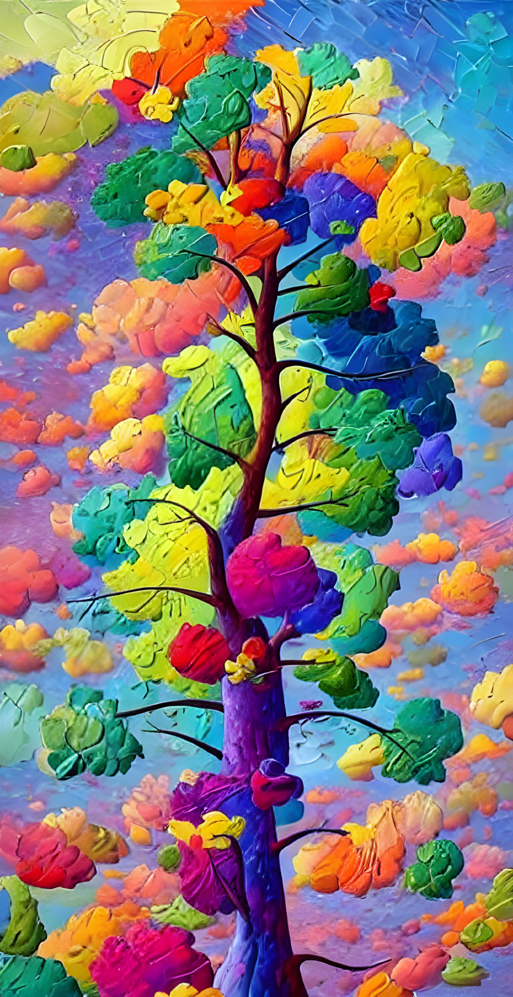 Colorful textured painting of whimsical tree with multicolored leaves on pastel patchwork sky