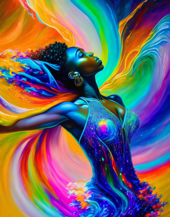 Colorful portrait of a woman with swirling patterns, exuding confidence.