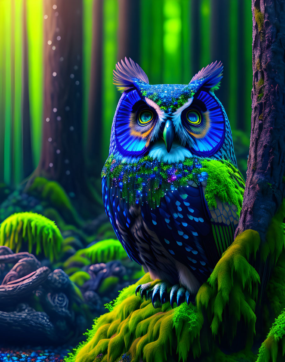 Colorful Owl in Mystical Forest with Sunbeams: Digital Artwork