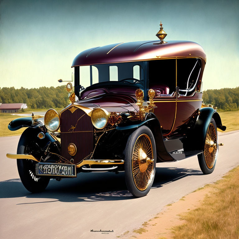 Vintage Luxury Car with Gold Trim Parked on Road