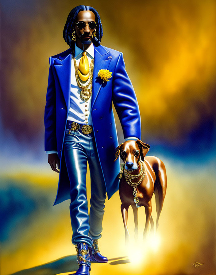 Fashionable person in blue suit walking Doberman Pinscher on vibrant background