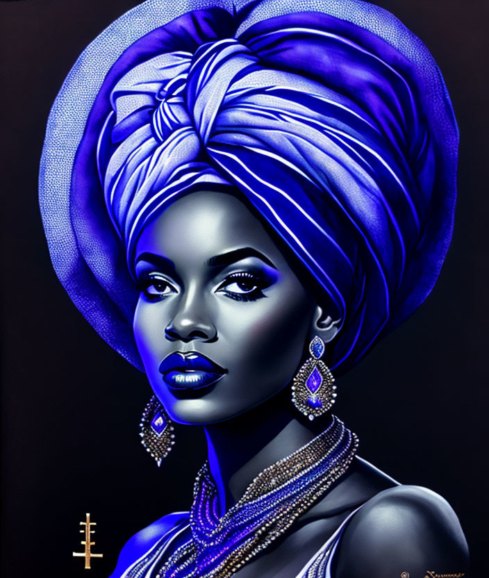 Woman with Dark Skin and Striking Blue Makeup in Blue Headwrap