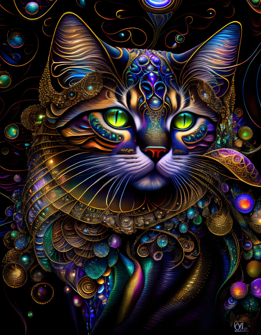 Colorful digital artwork of a cat with ornate details on dark background