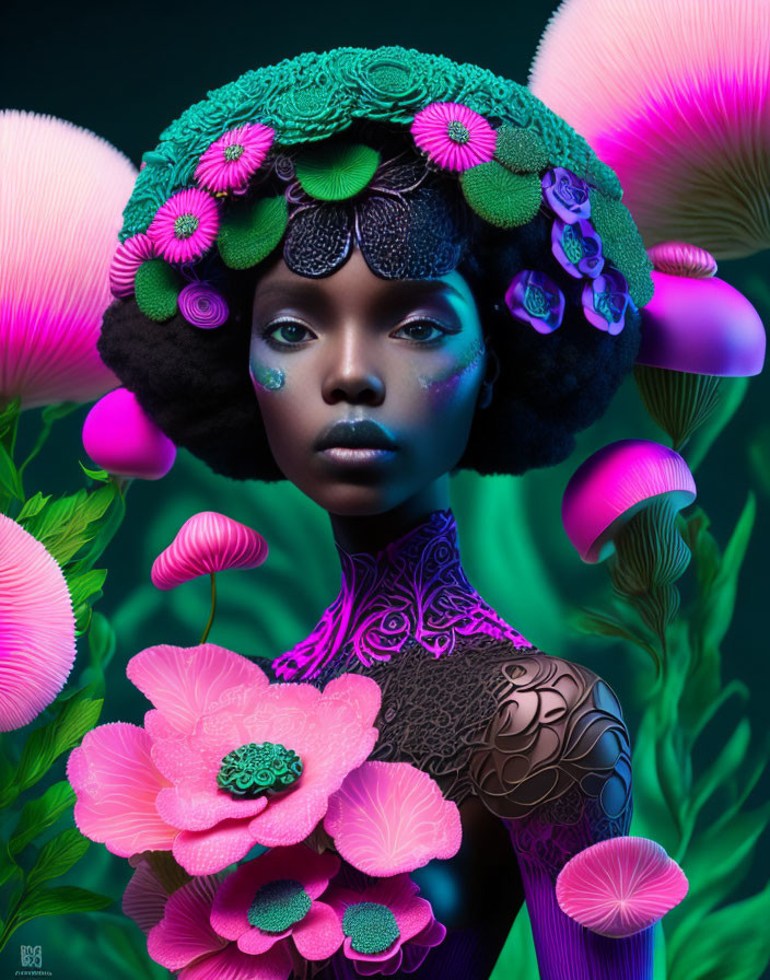 Colorful Floral Patterns Adorn Woman in Surreal Portrait