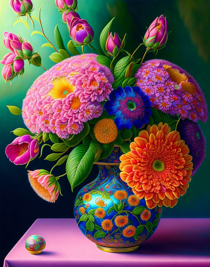 Colorful Flower Bouquet in Blue Ornate Vase on Pink Surface