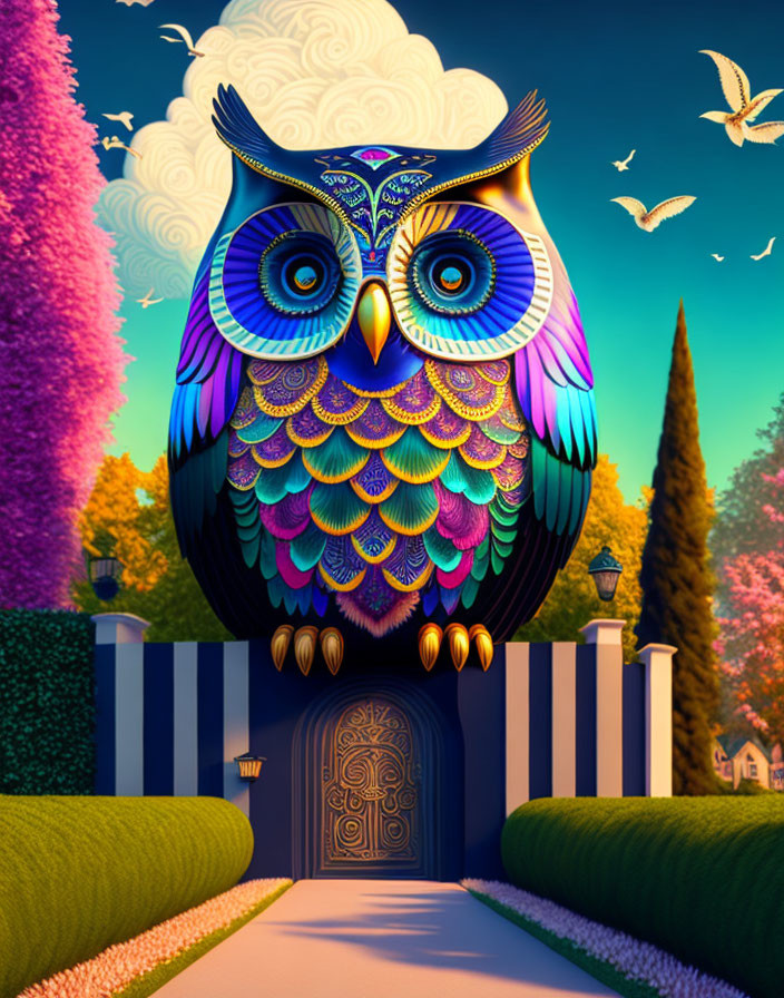 Vibrant owl illustration in front of whimsical garden pathway