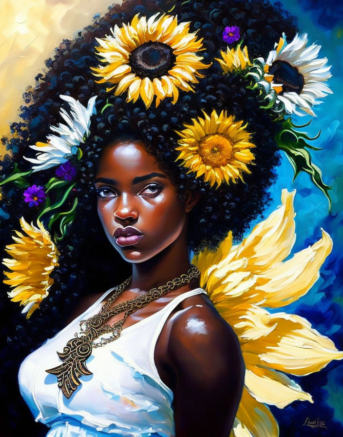 Portrait of woman with dark skin and curly hair, adorned with sunflowers, white top, gold necklace