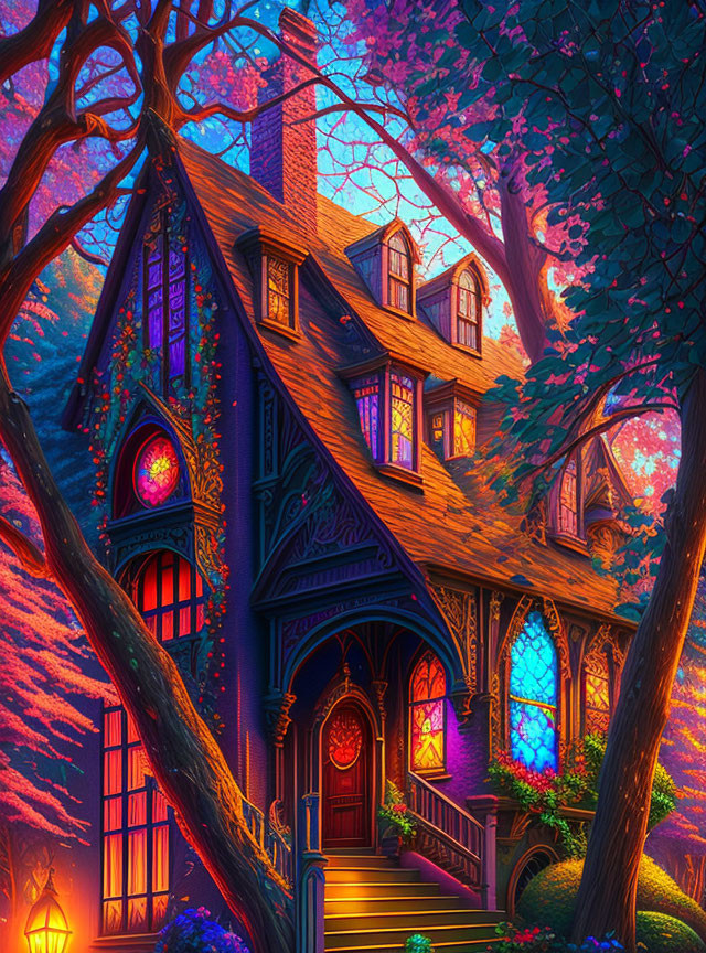 Victorian-style house with vibrant trees under twilight sky and warm stained glass lights