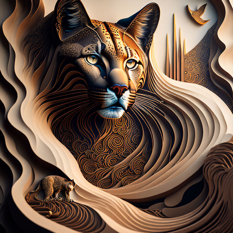 Stylized leopard illustration with swirling earth-toned patterns