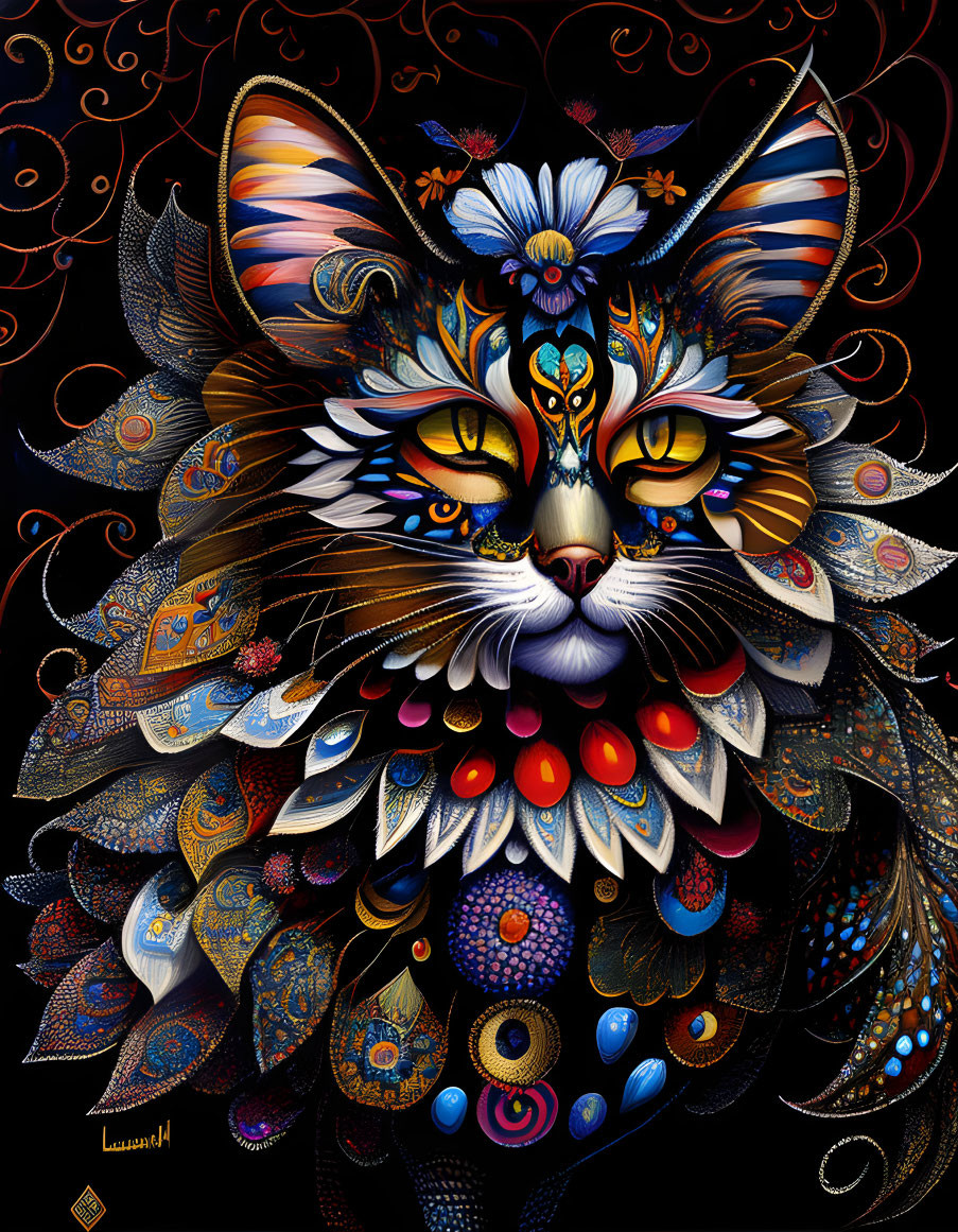 Colorful Stylized Cat Illustration with Ornate Patterns on Dark Background