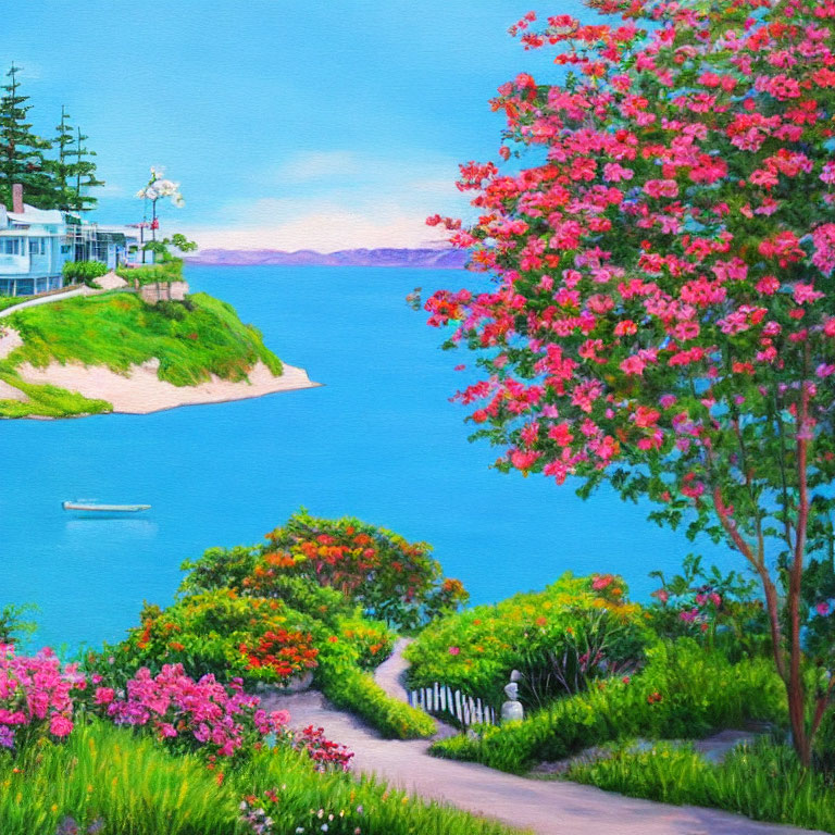 Colorful coastal painting with pink trees, winding path, house, and boat