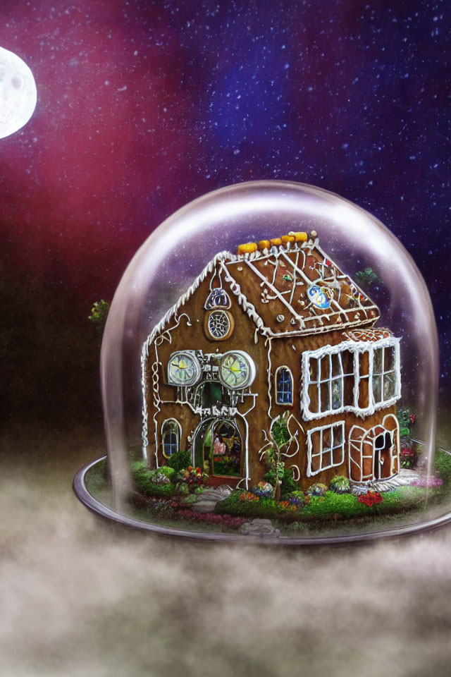 Decorative gingerbread house under glass dome with cosmic backdrop.