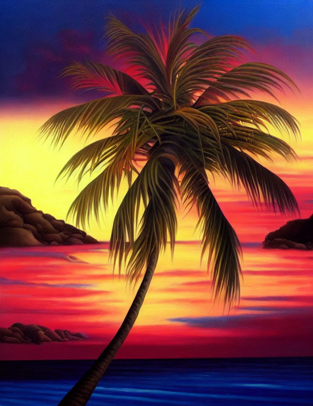 Colorful Tropical Sunset with Palm Tree Silhouette and Ocean Reflections