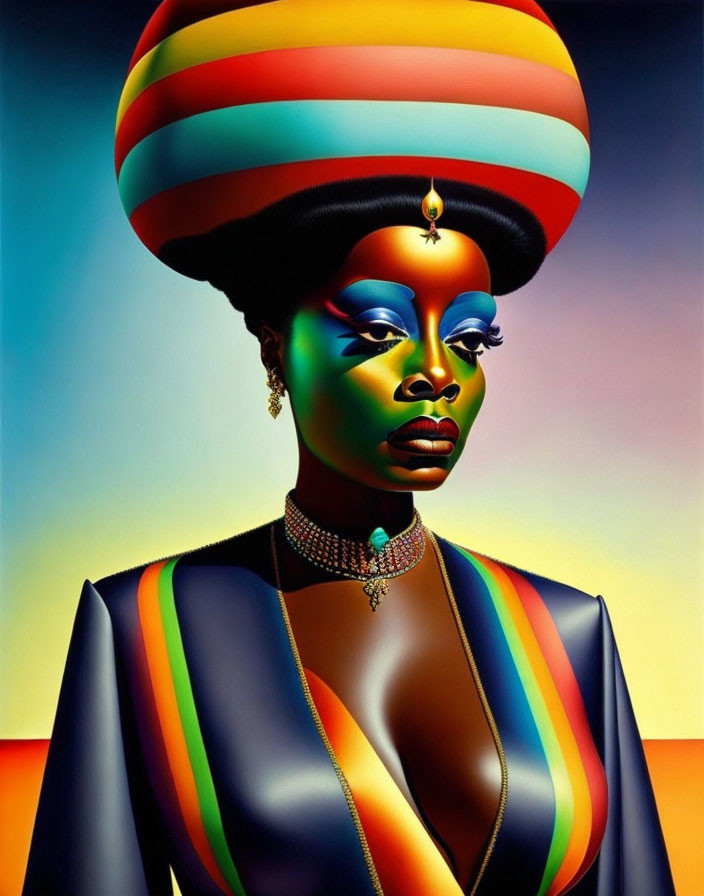 Woman portrait in vibrant rainbow attire, headwrap, jewel, and contemplative expression