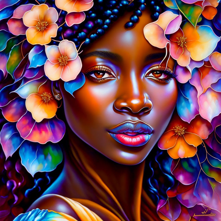 Colorful digital painting of a woman with intricate floral details