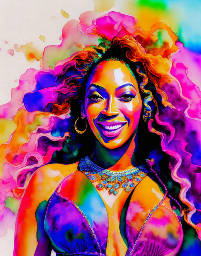 Colorful Watercolor-Style Portrait of Smiling Woman