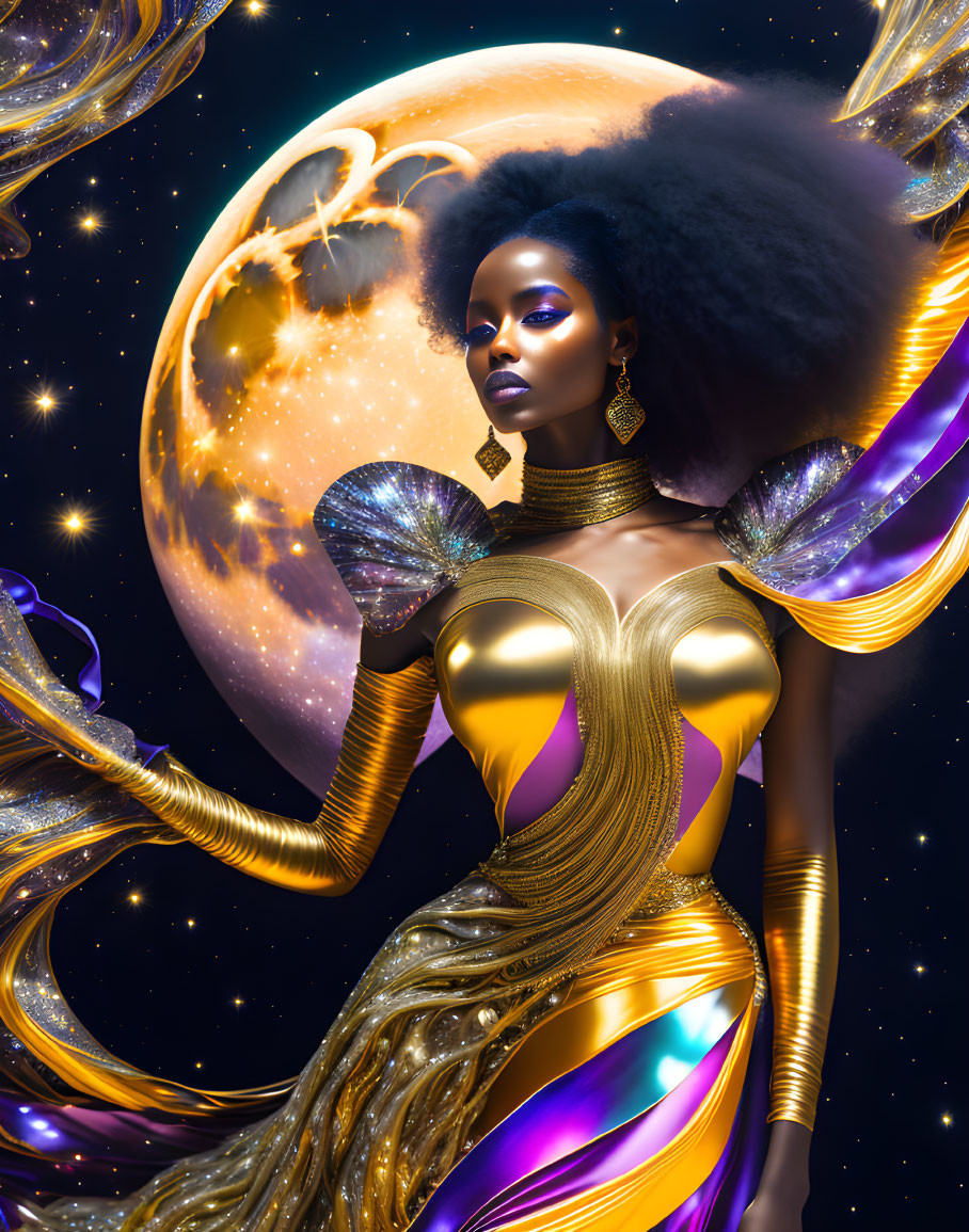 Cosmic-themed portrait of woman with afro hair in golden futuristic outfit