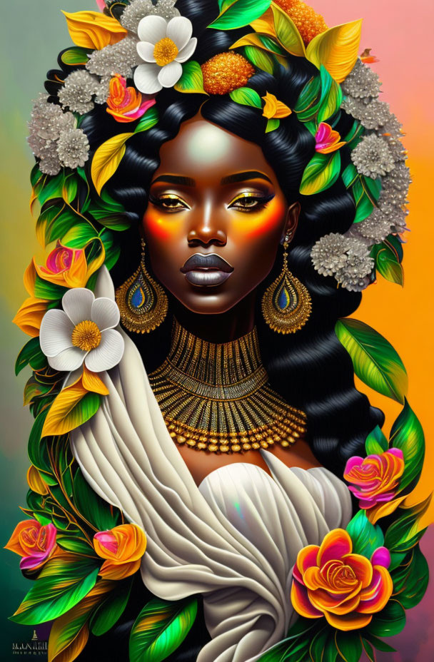 Illustrated portrait of woman with dark skin, vibrant makeup, colorful flower headdress.