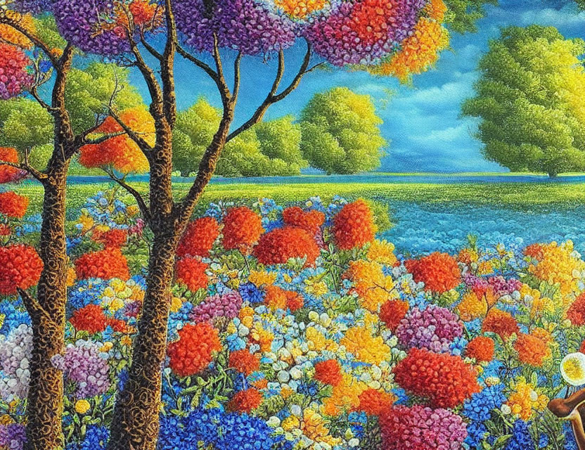 Colorful meadow painting with flowers, trees, and river